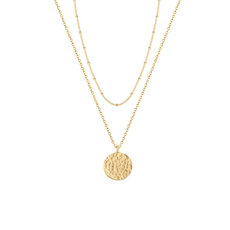 Fettero Layered Necklace Gold Satellite Chain Choker Hammered Coin Pendant 14K Gold Plated Dainty Simple Jewelry for Women - Image 1